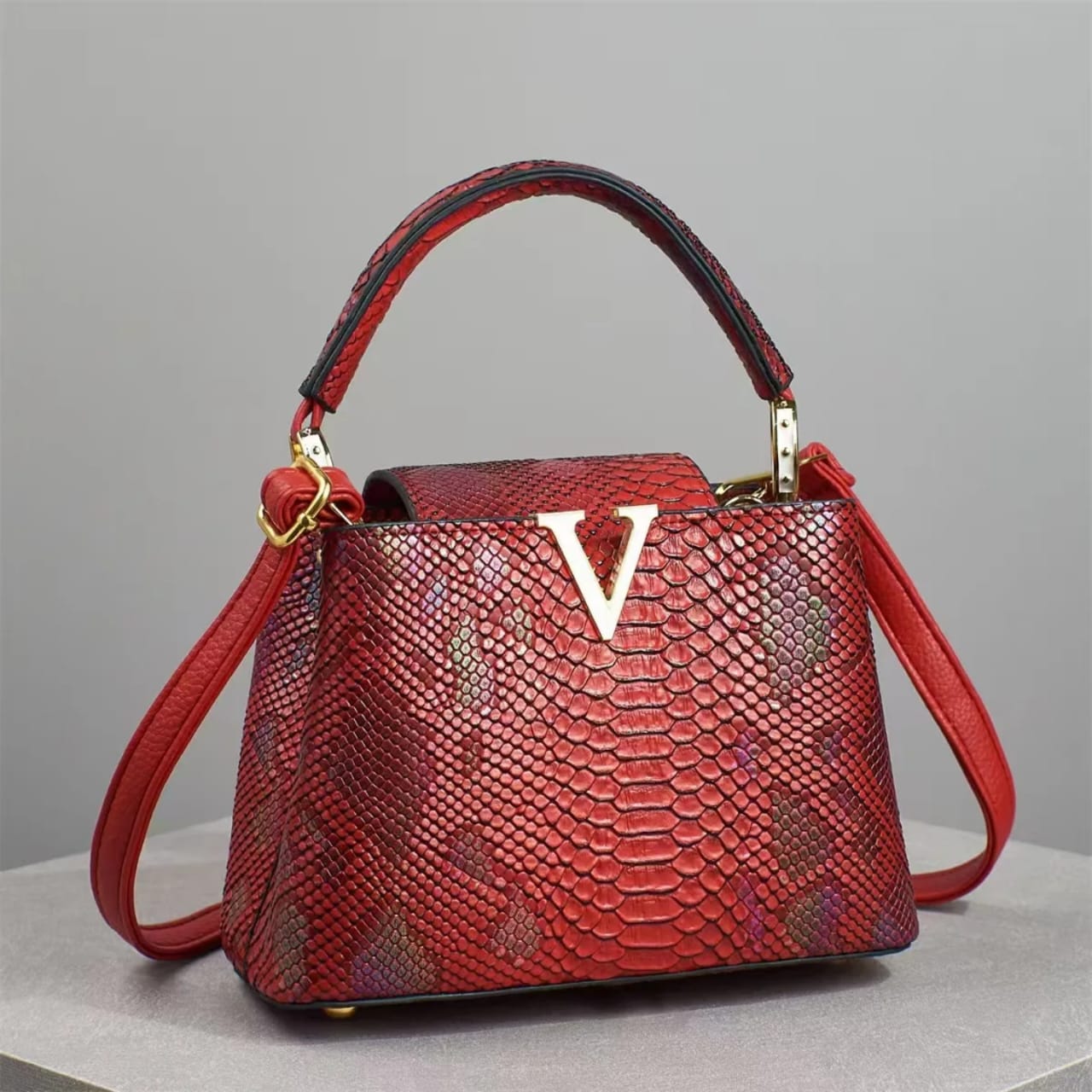 Luxe Python-Embossed Top Handle Crossbody Bag
