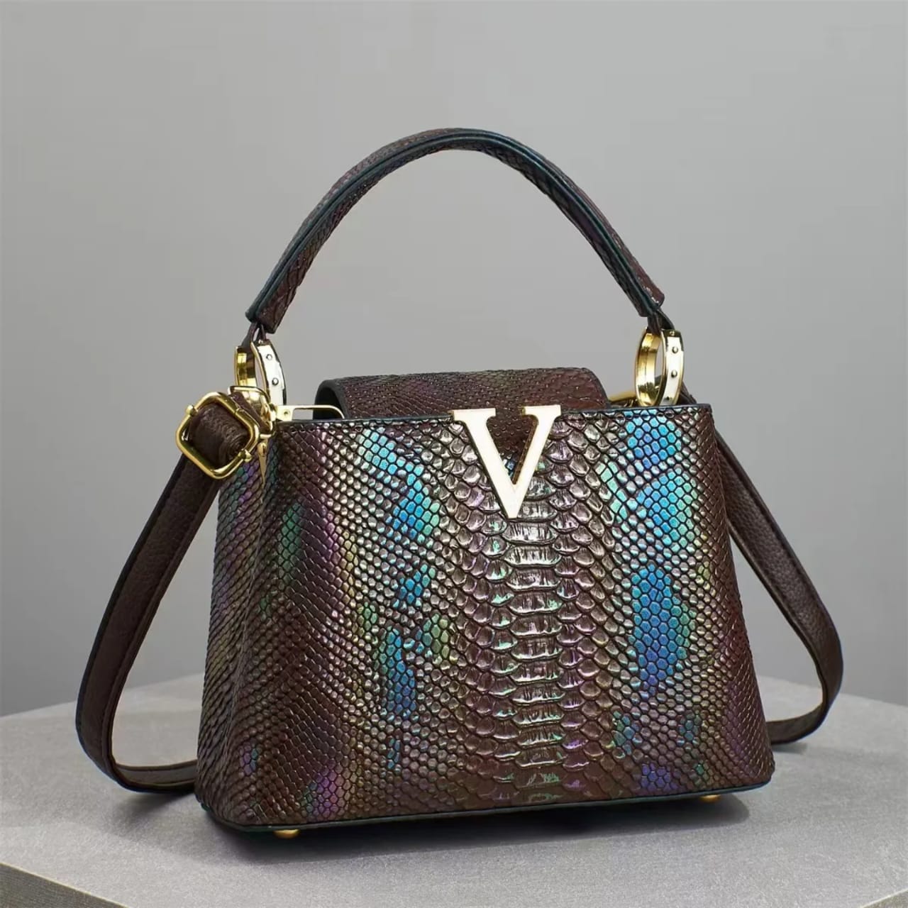 Luxe Python-Embossed Top Handle Crossbody Bag